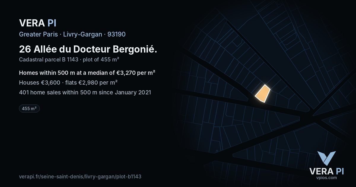 26 Allée du Docteur Bergonié, Livry-Gargan at night – the plot lit, the parcels around coloured by the prices near them