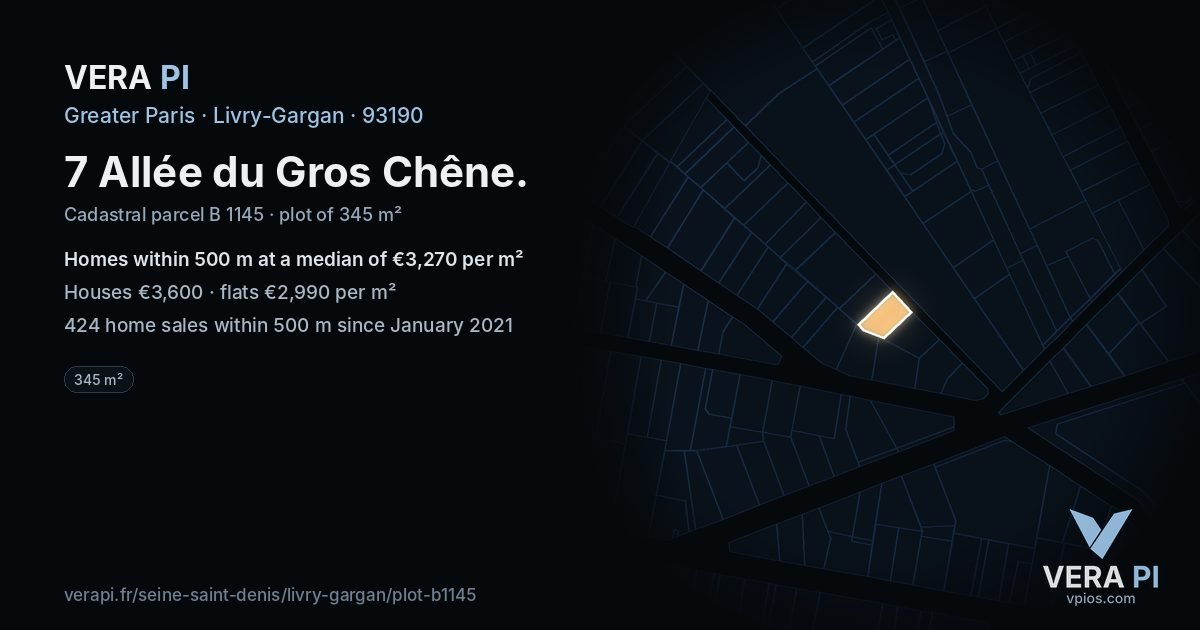 7 Allée du Gros Chêne, Livry-Gargan at night – the plot lit, the parcels around coloured by the prices near them
