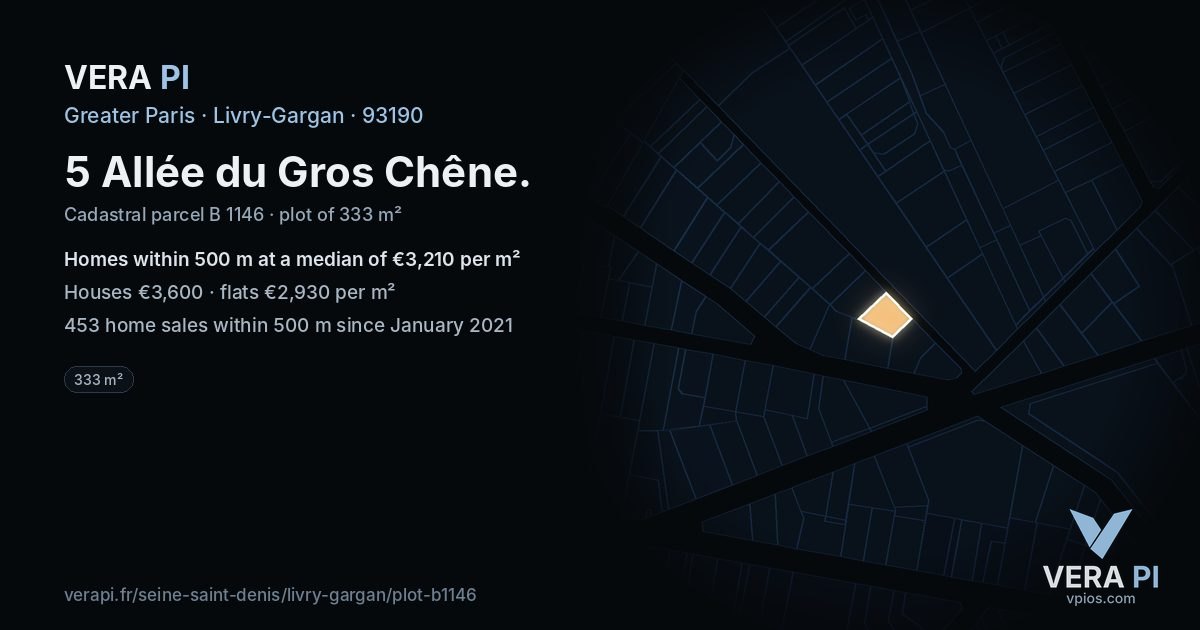 5 Allée du Gros Chêne, Livry-Gargan at night – the plot lit, the parcels around coloured by the prices near them
