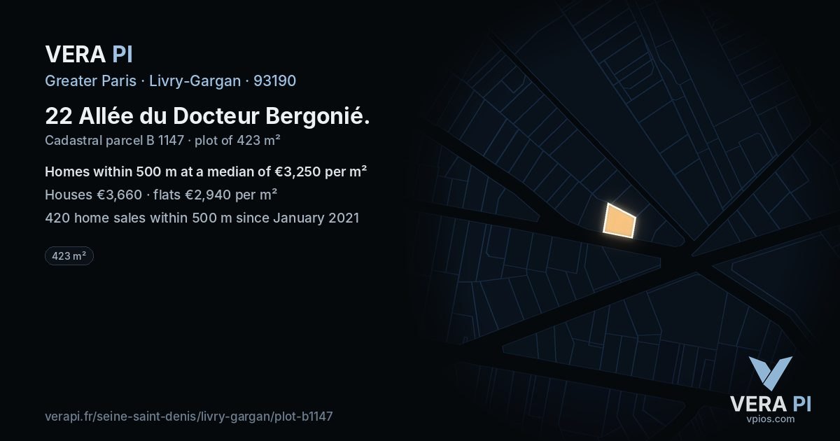 22 Allée du Docteur Bergonié, Livry-Gargan at night – the plot lit, the parcels around coloured by the prices near them