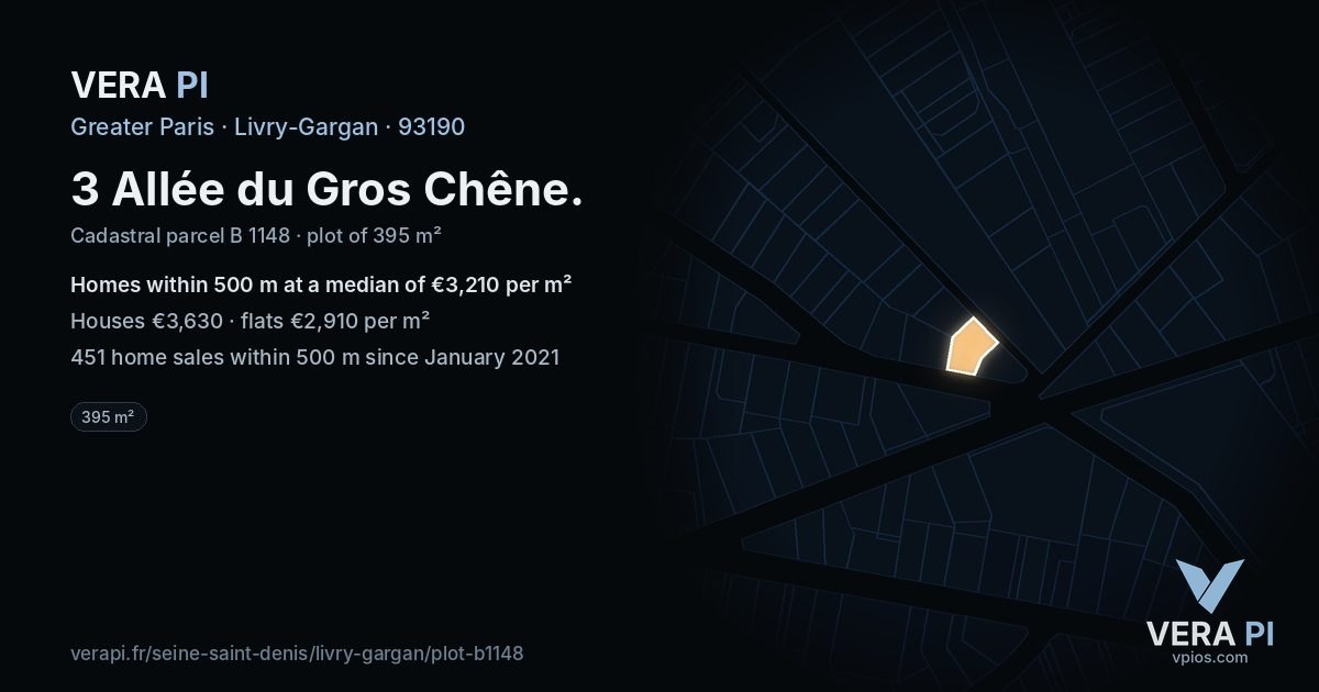 3 Allée du Gros Chêne, Livry-Gargan at night – the plot lit, the parcels around coloured by the prices near them