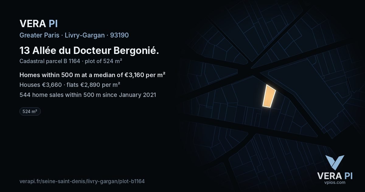 13 Allée du Docteur Bergonié, Livry-Gargan at night – the plot lit, the parcels around coloured by the prices near them