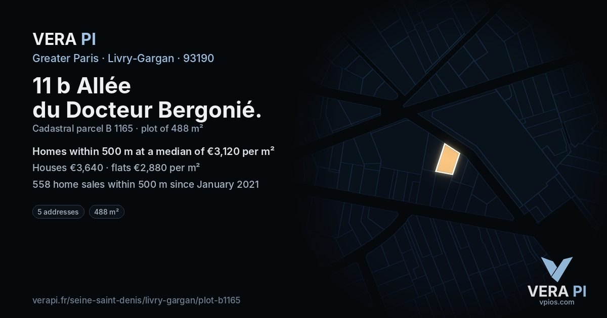 11 b Allée du Docteur Bergonié, Livry-Gargan at night – the plot lit, the parcels around coloured by the prices near them