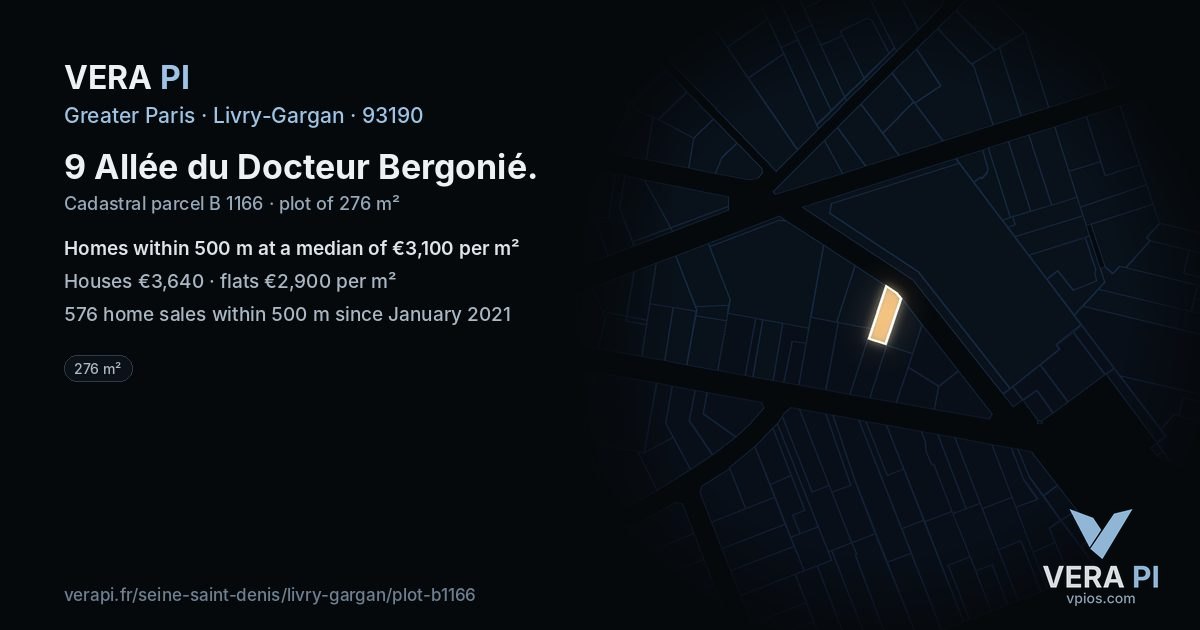9 Allée du Docteur Bergonié, Livry-Gargan at night – the plot lit, the parcels around coloured by the prices near them