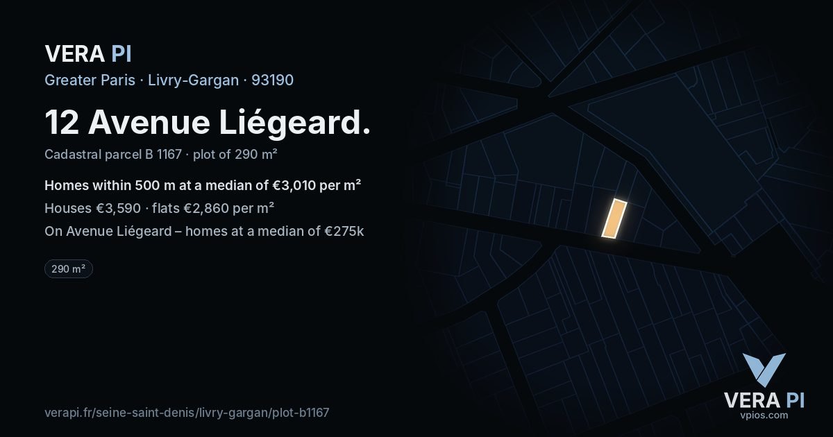 12 Avenue Liégeard, Livry-Gargan at night – the plot lit, the parcels around coloured by the prices near them