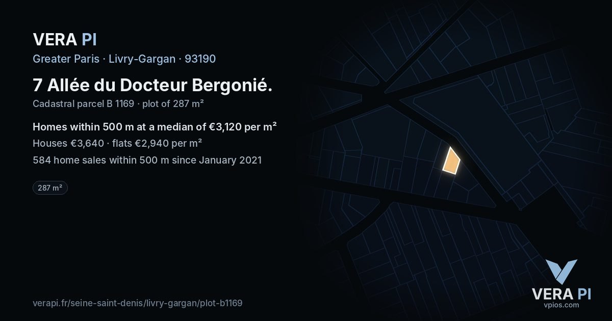 7 Allée du Docteur Bergonié, Livry-Gargan at night – the plot lit, the parcels around coloured by the prices near them