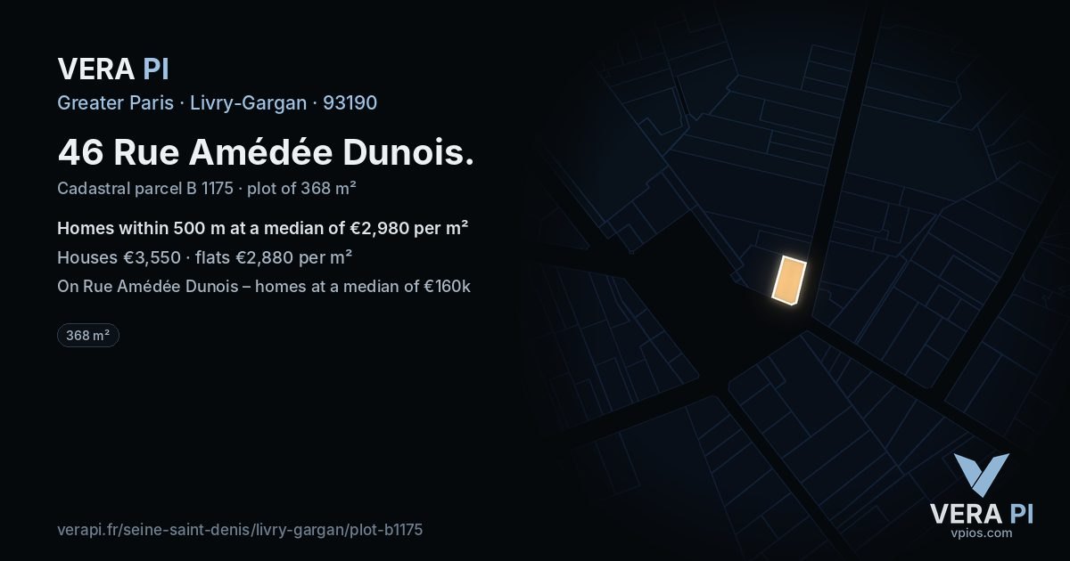 46 Rue Amédée Dunois, Livry-Gargan at night – the plot lit, the parcels around coloured by the prices near them