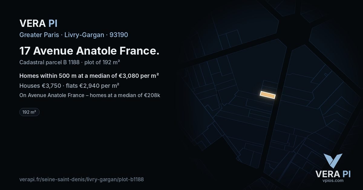 17 Avenue Anatole France, Livry-Gargan at night – the plot lit, the parcels around coloured by the prices near them