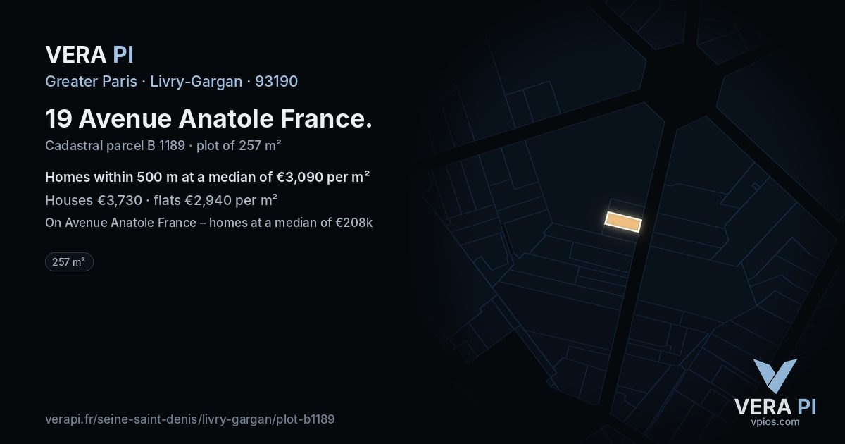 19 Avenue Anatole France, Livry-Gargan at night – the plot lit, the parcels around coloured by the prices near them