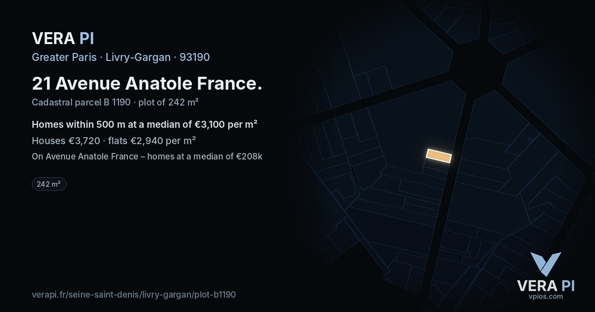 21 Avenue Anatole France, Livry-Gargan at night – the plot lit, the parcels around coloured by the prices near them