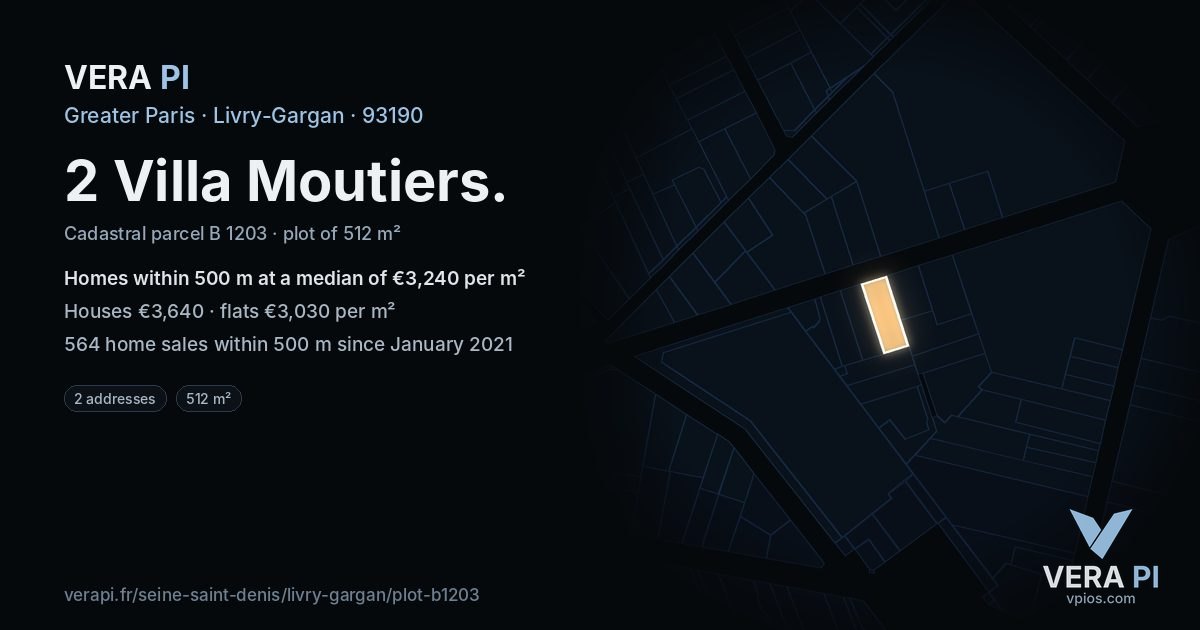 2 Villa Moutiers, Livry-Gargan at night – the plot lit, the parcels around coloured by the prices near them