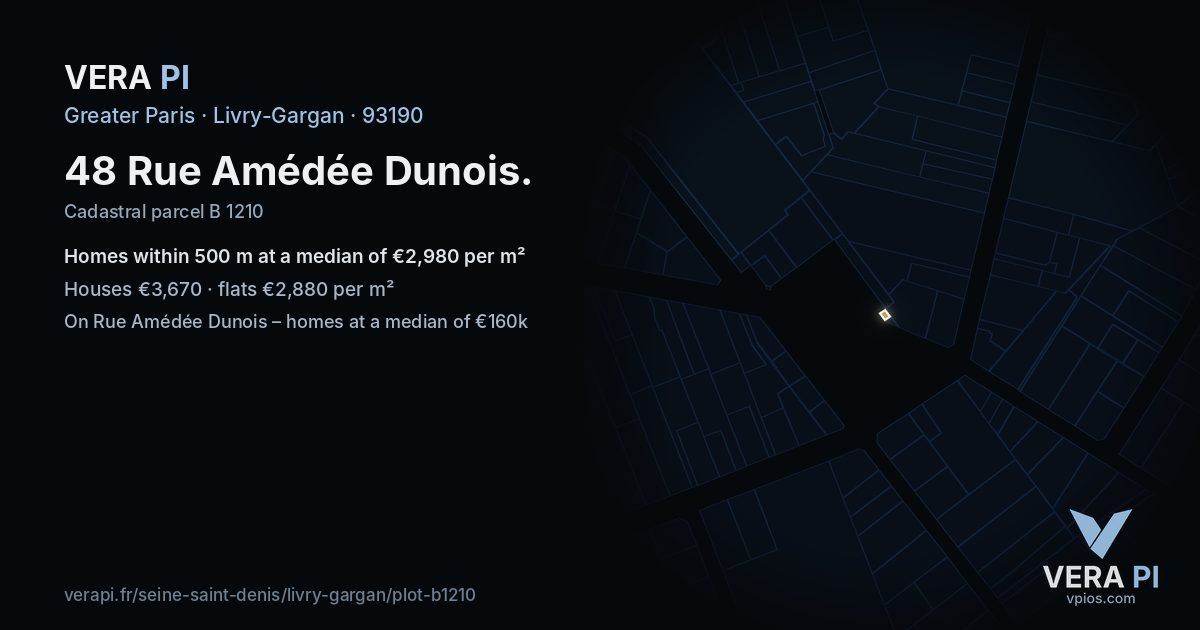 48 Rue Amédée Dunois, Livry-Gargan at night – the plot lit, the parcels around coloured by the prices near them
