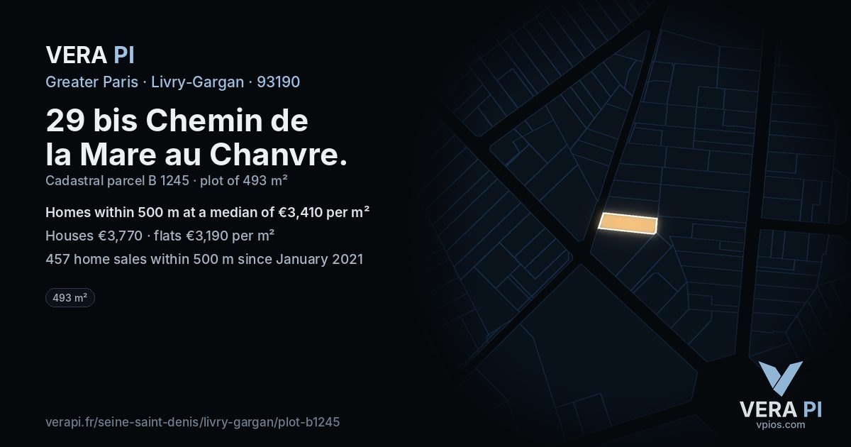 29 bis Chemin de la Mare au Chanvre, Livry-Gargan at night – the plot lit, the parcels around coloured by the prices near them