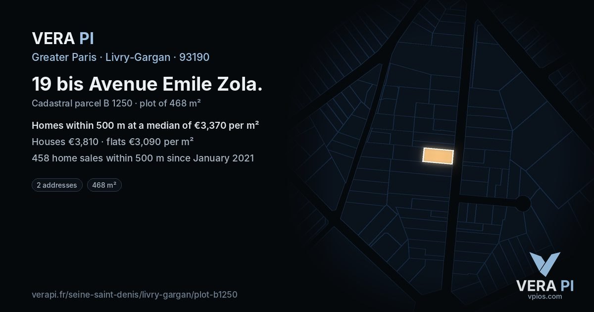 19 bis Avenue Emile Zola, Livry-Gargan at night – the plot lit, the parcels around coloured by the prices near them