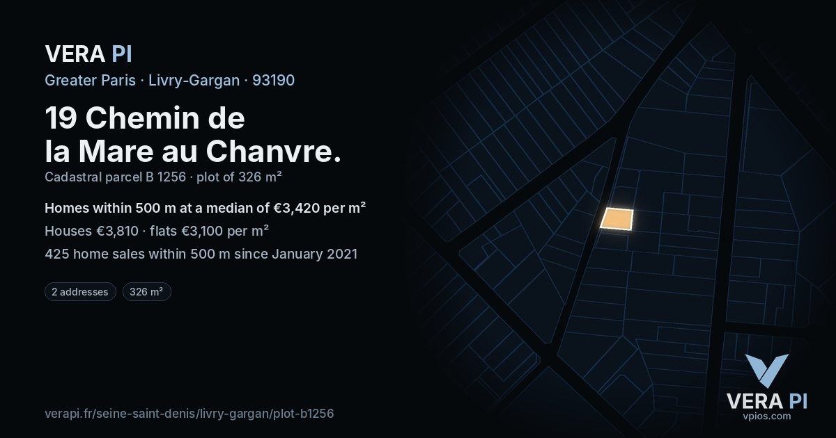 19 Chemin de la Mare au Chanvre, Livry-Gargan at night – the plot lit, the parcels around coloured by the prices near them