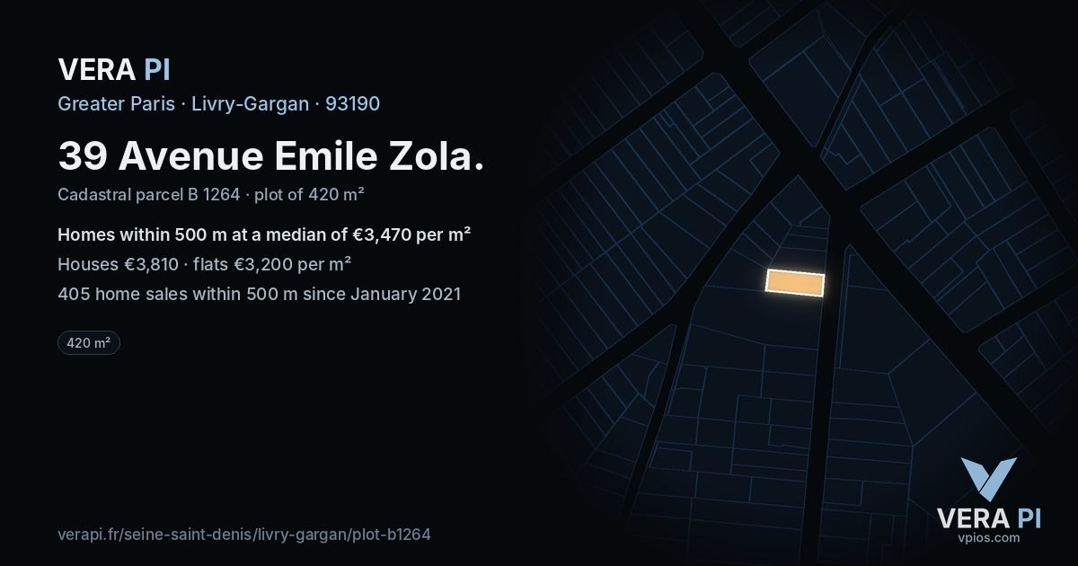 39 Avenue Emile Zola, Livry-Gargan at night – the plot lit, the parcels around coloured by the prices near them