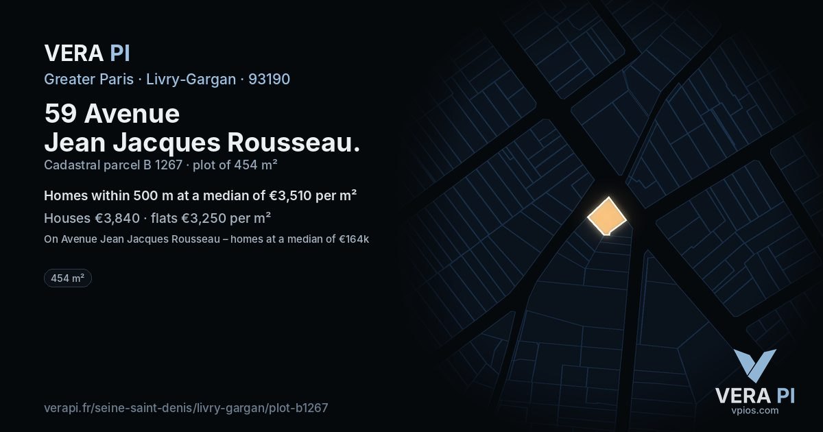 59 Avenue Jean Jacques Rousseau, Livry-Gargan at night – the plot lit, the parcels around coloured by the prices near them