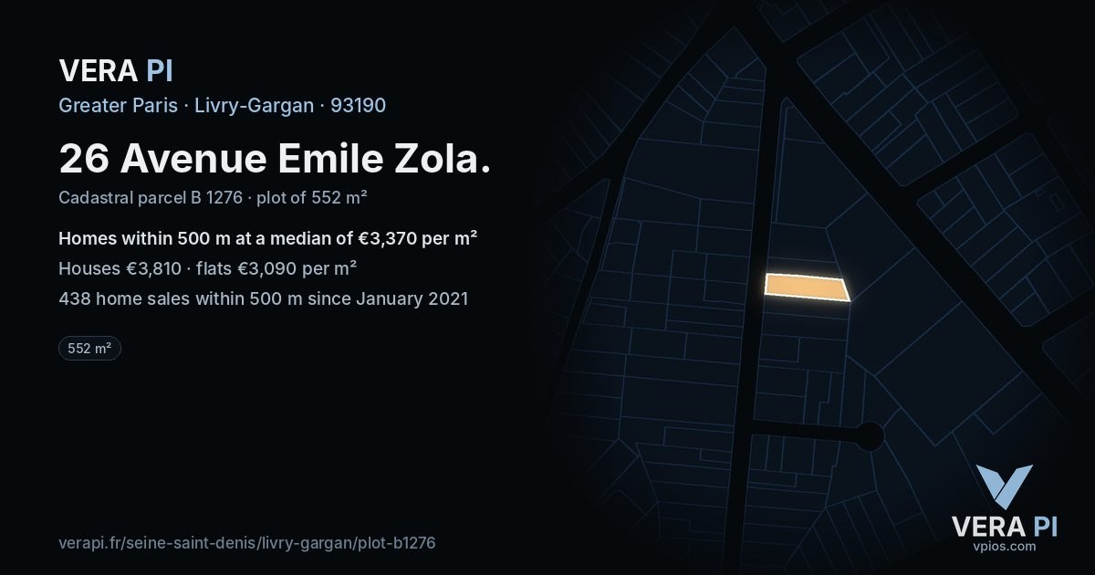 26 Avenue Emile Zola, Livry-Gargan at night – the plot lit, the parcels around coloured by the prices near them