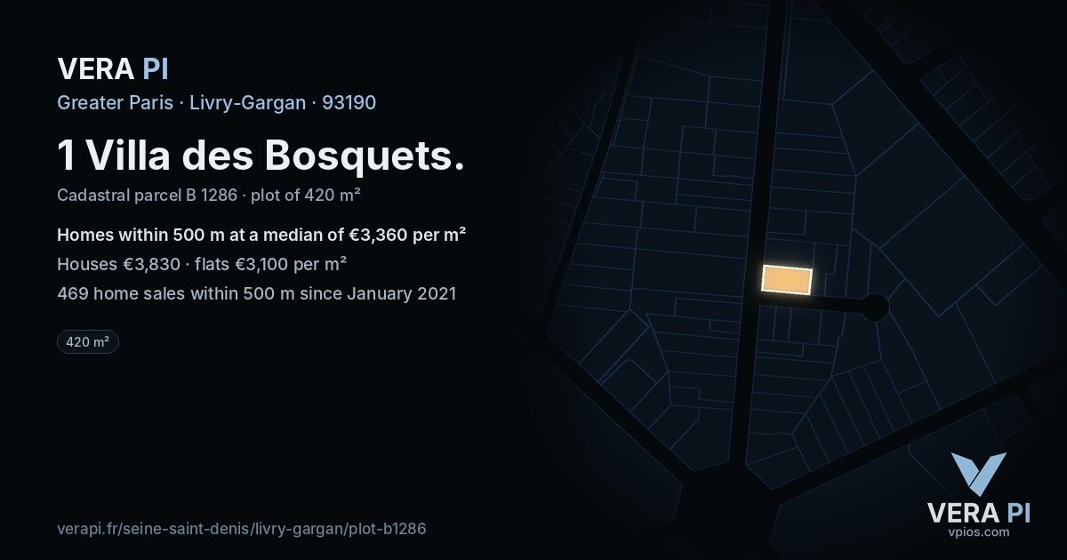 1 Villa des Bosquets, Livry-Gargan at night – the plot lit, the parcels around coloured by the prices near them