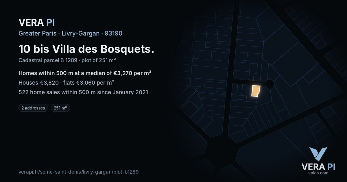 10 bis Villa des Bosquets, Livry-Gargan at night – the plot lit, the parcels around coloured by the prices near them