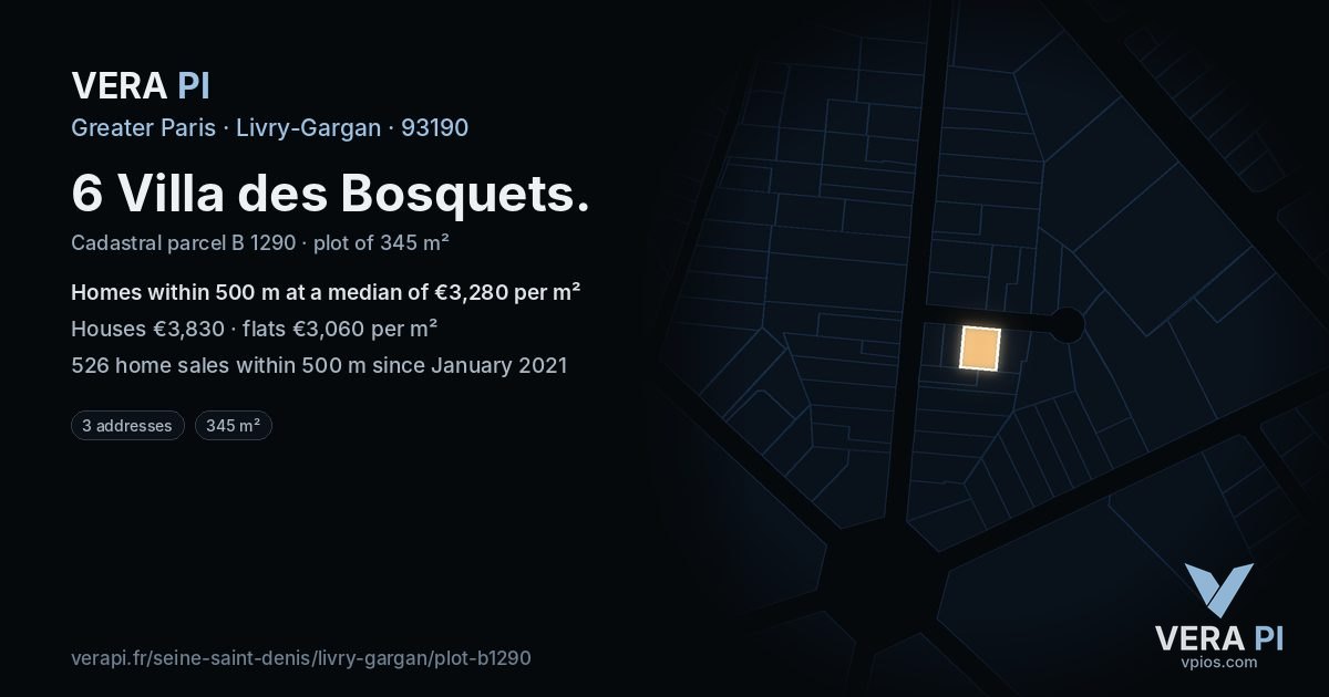 6 Villa des Bosquets, Livry-Gargan at night – the plot lit, the parcels around coloured by the prices near them