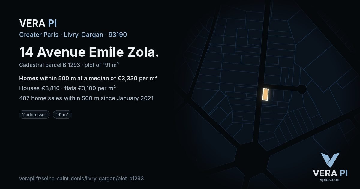 14 Avenue Emile Zola, Livry-Gargan at night – the plot lit, the parcels around coloured by the prices near them