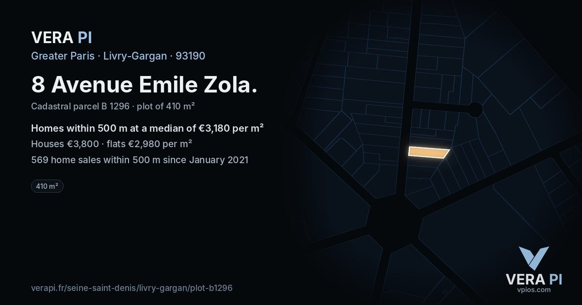 8 Avenue Emile Zola, Livry-Gargan at night – the plot lit, the parcels around coloured by the prices near them