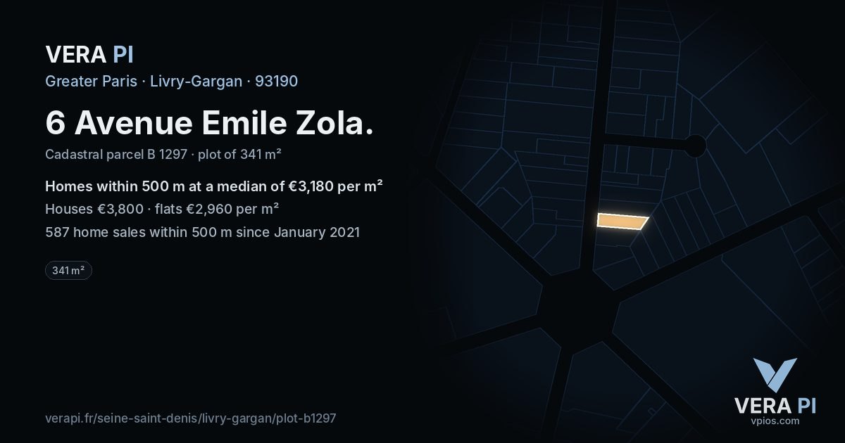 6 Avenue Emile Zola, Livry-Gargan at night – the plot lit, the parcels around coloured by the prices near them