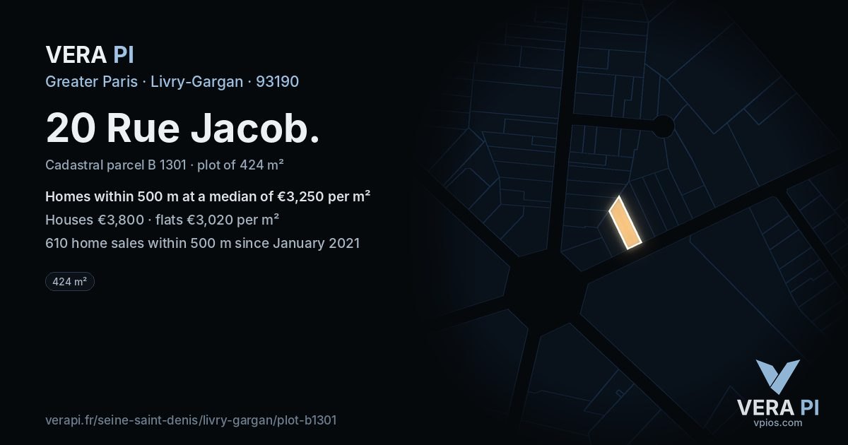 20 Rue Jacob, Livry-Gargan at night – the plot lit, the parcels around coloured by the prices near them