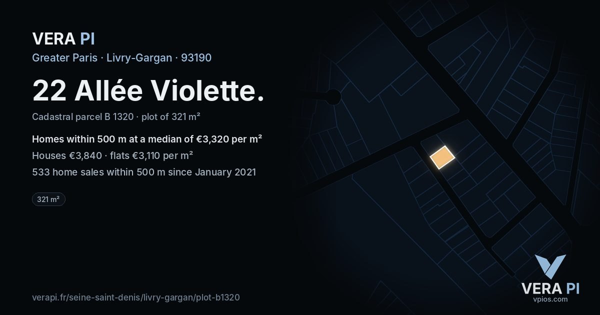 22 Allée Violette, Livry-Gargan at night – the plot lit, the parcels around coloured by the prices near them
