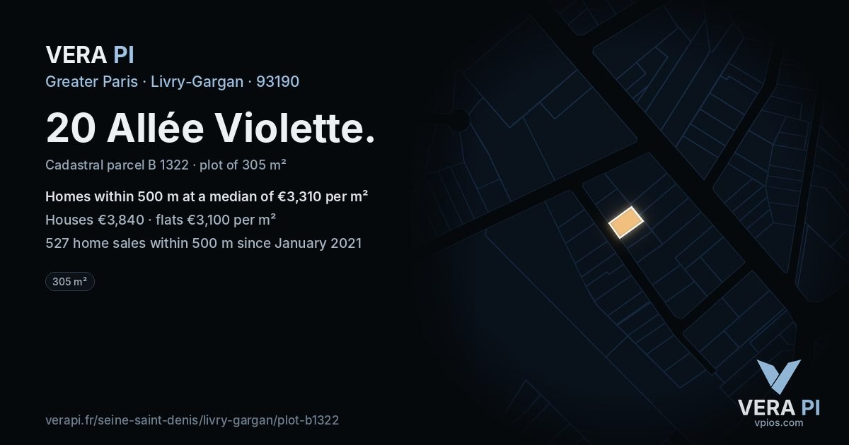 20 Allée Violette, Livry-Gargan at night – the plot lit, the parcels around coloured by the prices near them