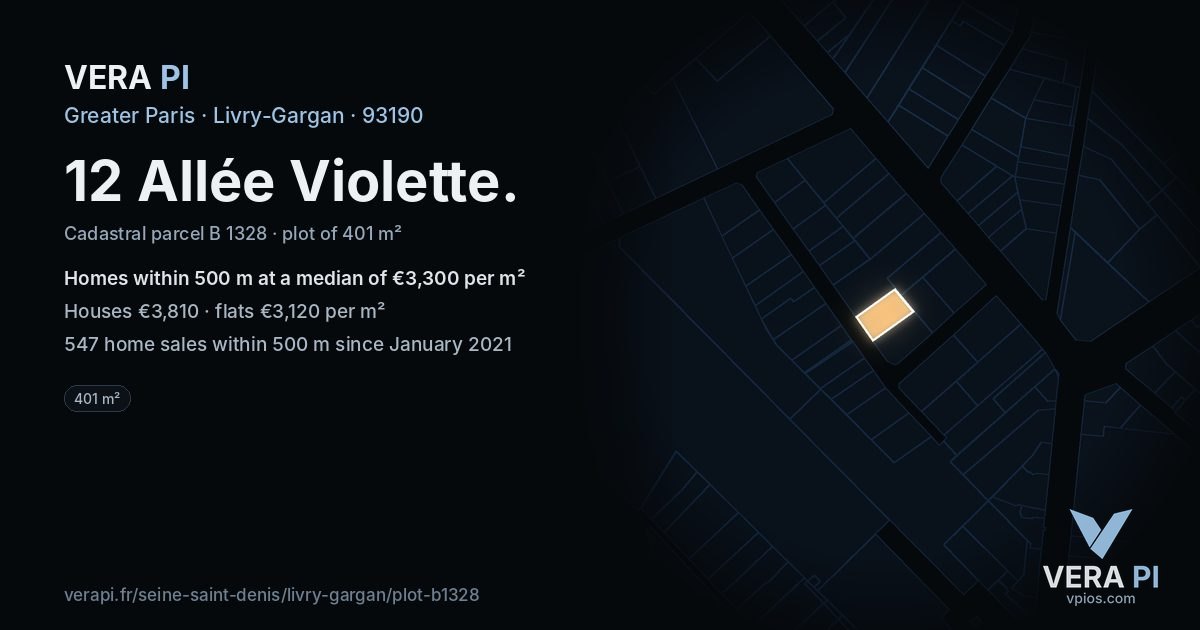 12 Allée Violette, Livry-Gargan at night – the plot lit, the parcels around coloured by the prices near them