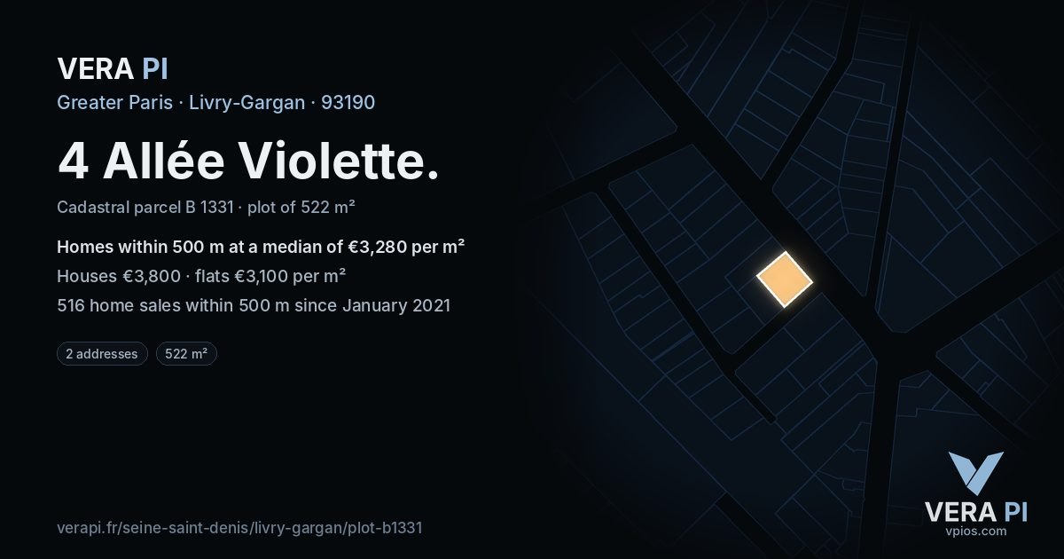 4 Allée Violette, Livry-Gargan at night – the plot lit, the parcels around coloured by the prices near them