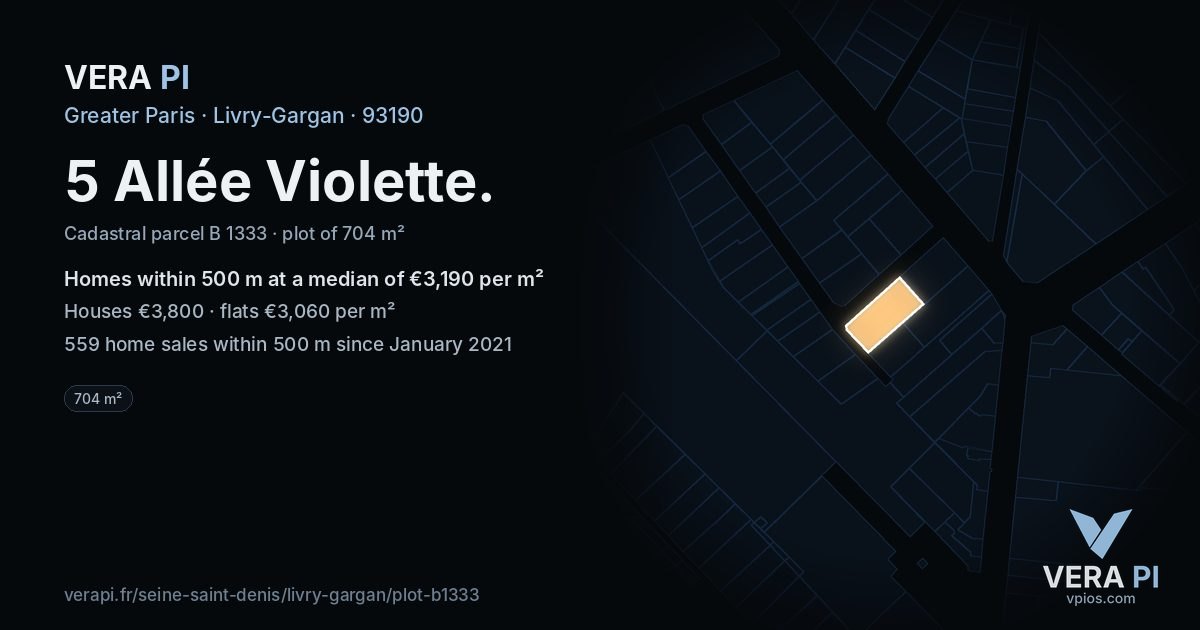 5 Allée Violette, Livry-Gargan at night – the plot lit, the parcels around coloured by the prices near them