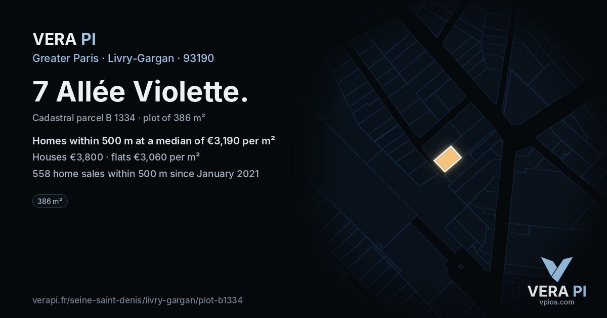 7 Allée Violette, Livry-Gargan at night – the plot lit, the parcels around coloured by the prices near them