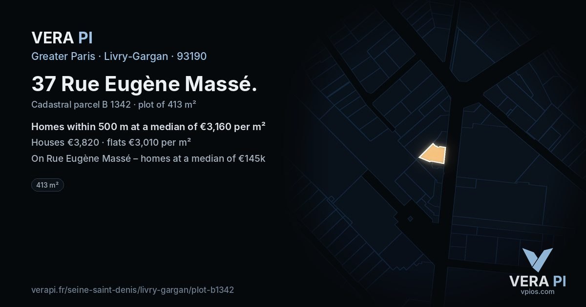 37 Rue Eugène Massé, Livry-Gargan at night – the plot lit, the parcels around coloured by the prices near them