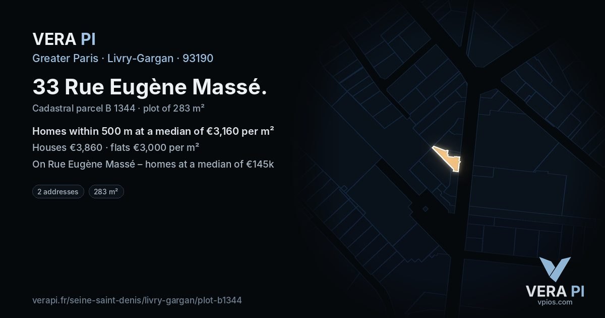 33 Rue Eugène Massé, Livry-Gargan at night – the plot lit, the parcels around coloured by the prices near them