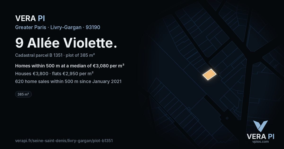 9 Allée Violette, Livry-Gargan at night – the plot lit, the parcels around coloured by the prices near them
