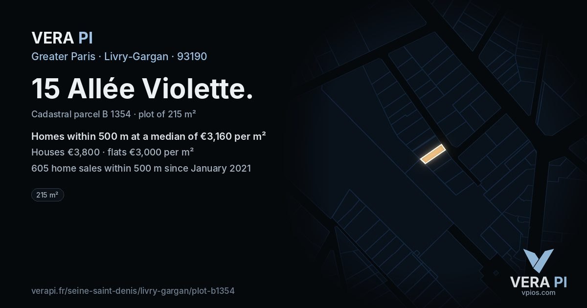 15 Allée Violette, Livry-Gargan at night – the plot lit, the parcels around coloured by the prices near them