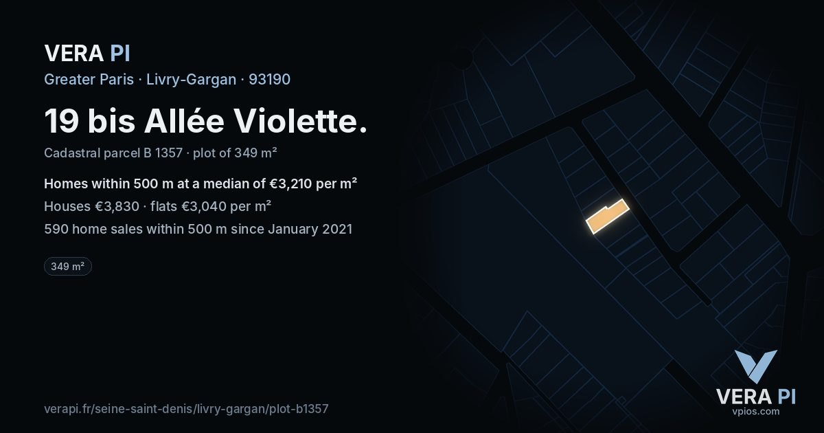 19 bis Allée Violette, Livry-Gargan at night – the plot lit, the parcels around coloured by the prices near them