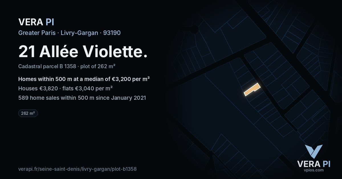 21 Allée Violette, Livry-Gargan at night – the plot lit, the parcels around coloured by the prices near them