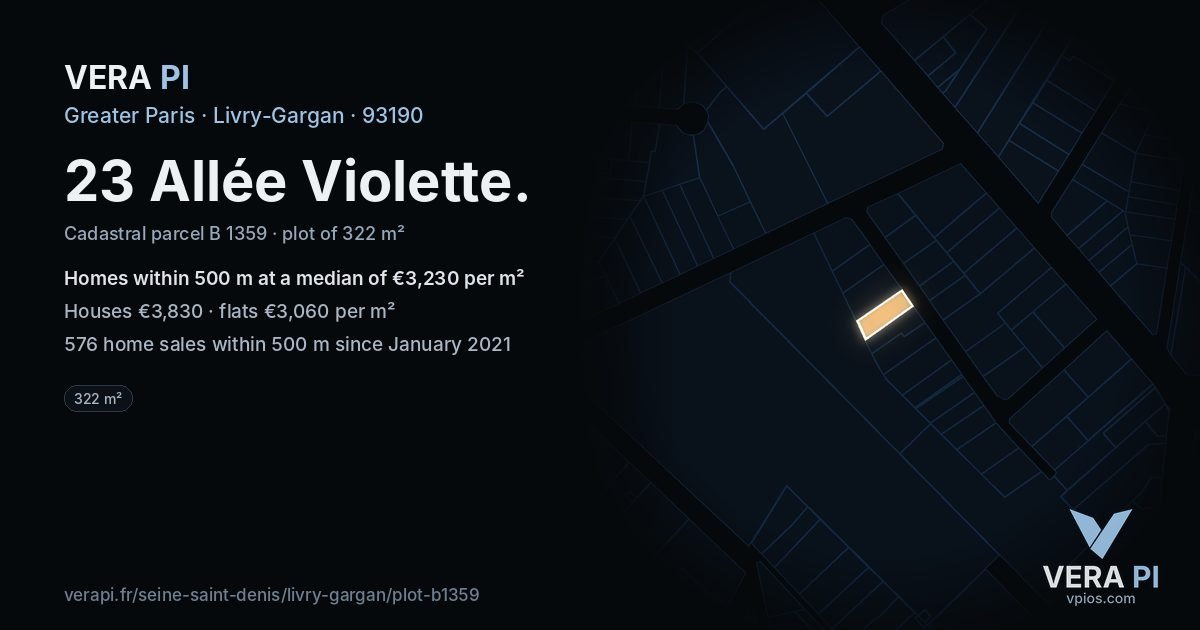 23 Allée Violette, Livry-Gargan at night – the plot lit, the parcels around coloured by the prices near them