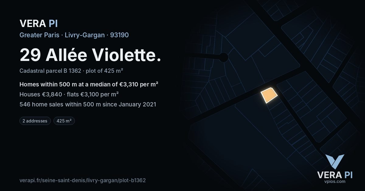 29 Allée Violette, Livry-Gargan at night – the plot lit, the parcels around coloured by the prices near them
