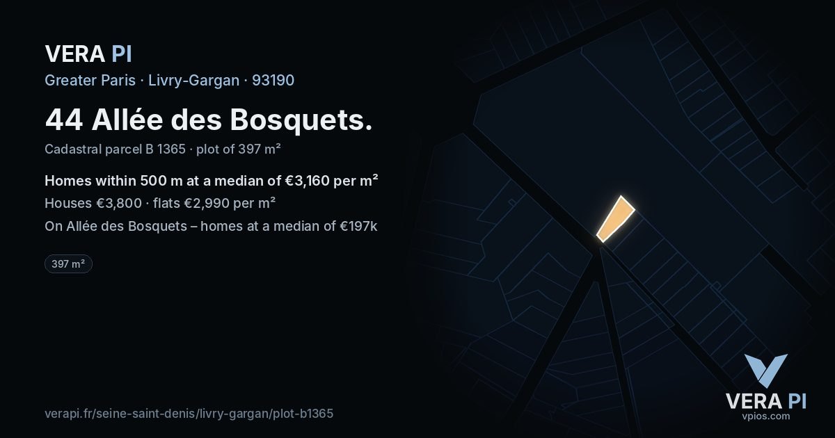 44 Allée des Bosquets, Livry-Gargan at night – the plot lit, the parcels around coloured by the prices near them