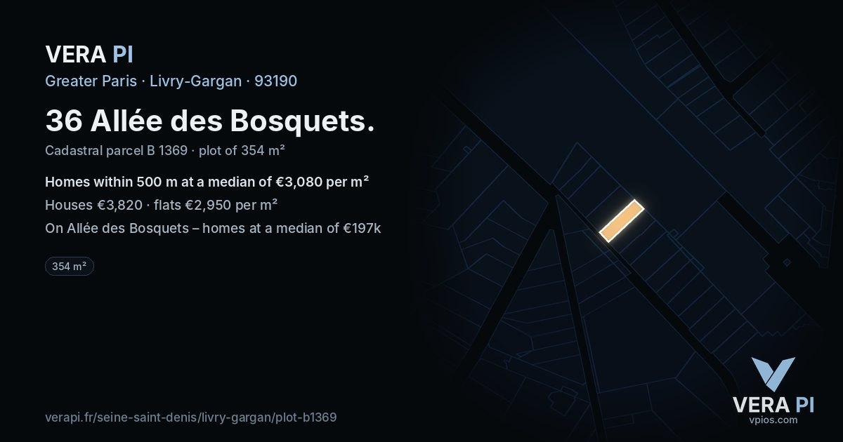 36 Allée des Bosquets, Livry-Gargan at night – the plot lit, the parcels around coloured by the prices near them