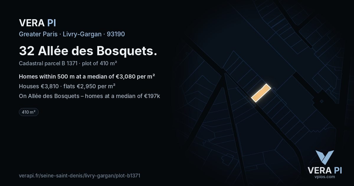 32 Allée des Bosquets, Livry-Gargan at night – the plot lit, the parcels around coloured by the prices near them