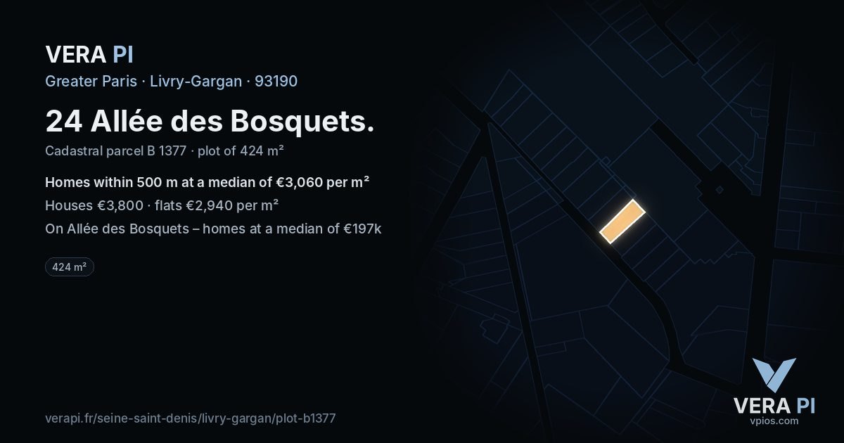 24 Allée des Bosquets, Livry-Gargan at night – the plot lit, the parcels around coloured by the prices near them