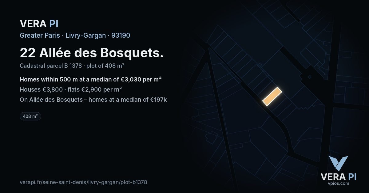 22 Allée des Bosquets, Livry-Gargan at night – the plot lit, the parcels around coloured by the prices near them