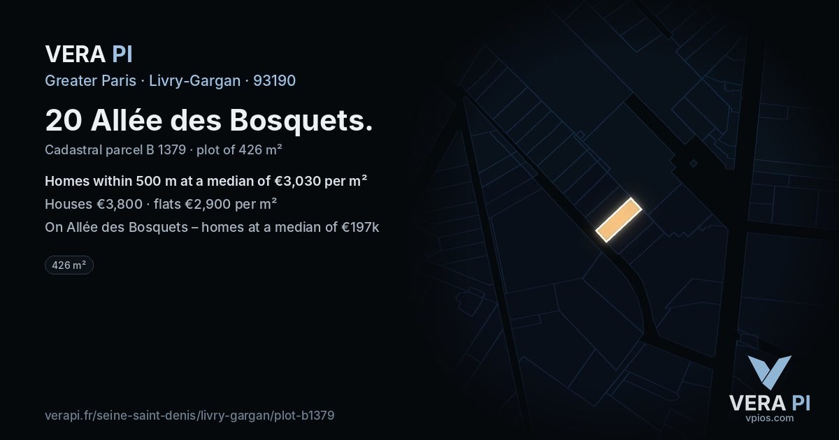 20 Allée des Bosquets, Livry-Gargan at night – the plot lit, the parcels around coloured by the prices near them