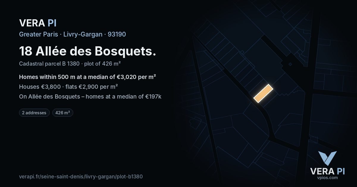 18 Allée des Bosquets, Livry-Gargan at night – the plot lit, the parcels around coloured by the prices near them